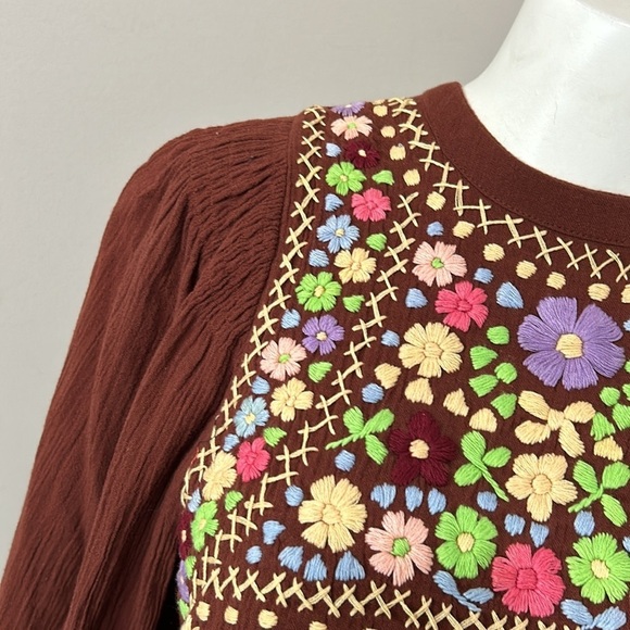 Antik Batik Top Line Embroidered Blouse Brown Hand Stitched Anthro Sz XS NEW - Picture 6 of 16